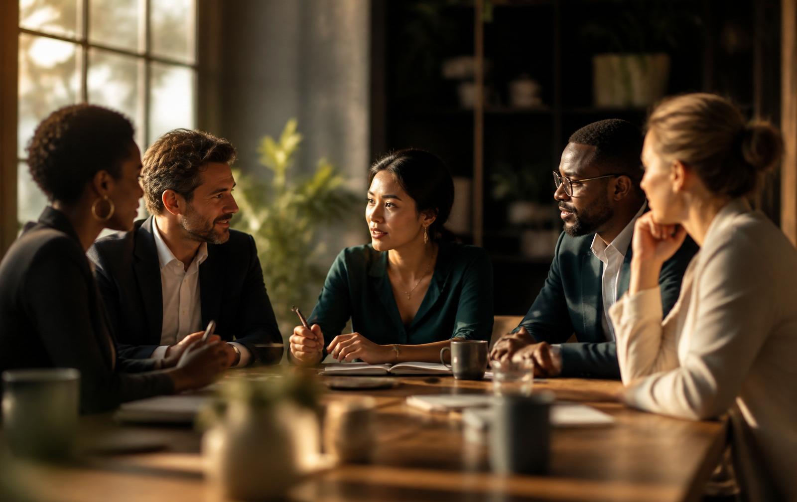 Diverse global leaders in conversation around a table