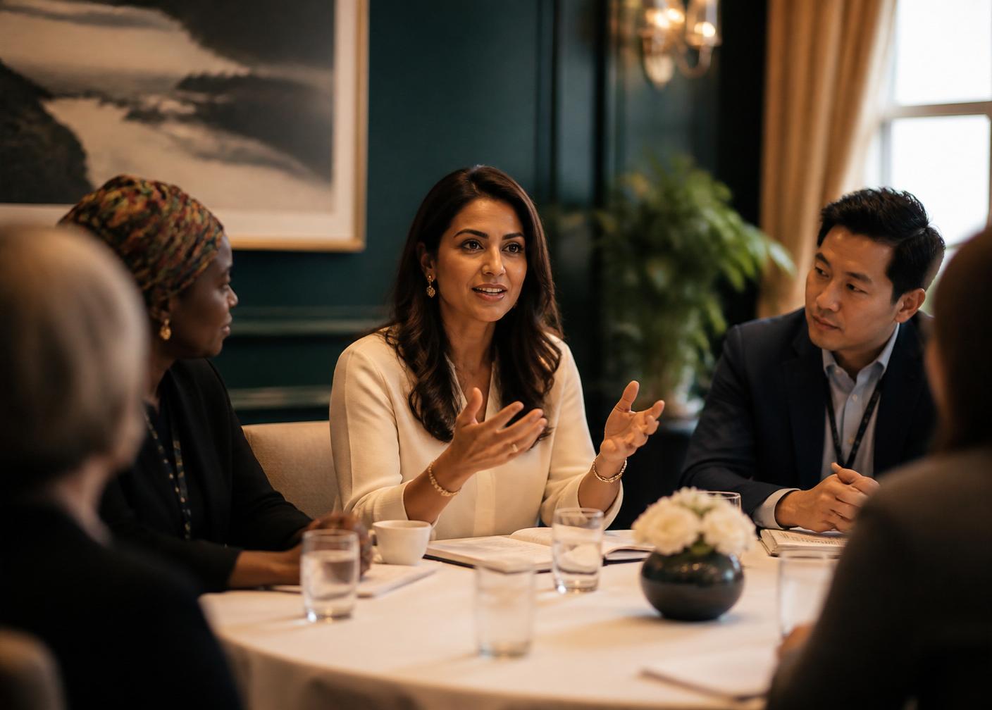 Facilitator leading an intimate international roundtable